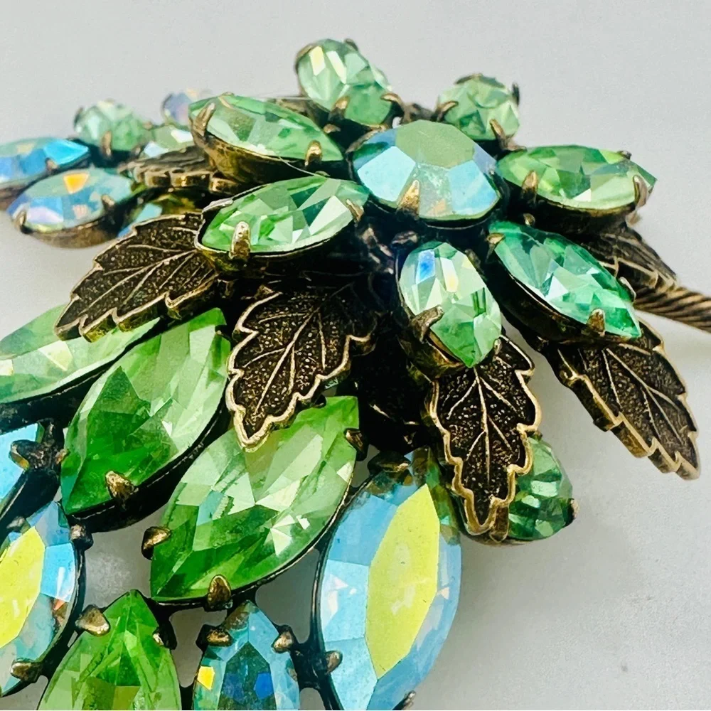 Vintage Signed Regency Brooch Pin Green Blue AB Navette Rhinestone Rare 50s 60s